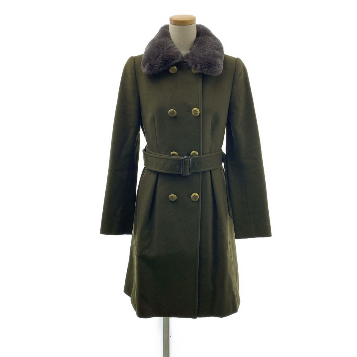 Paul Smith / ポールスミス | BLACK LABEL / ブラックレーベル ウール ベルテッド ダブルコート / ファー着脱可 | 38 | オリーブ | レディース