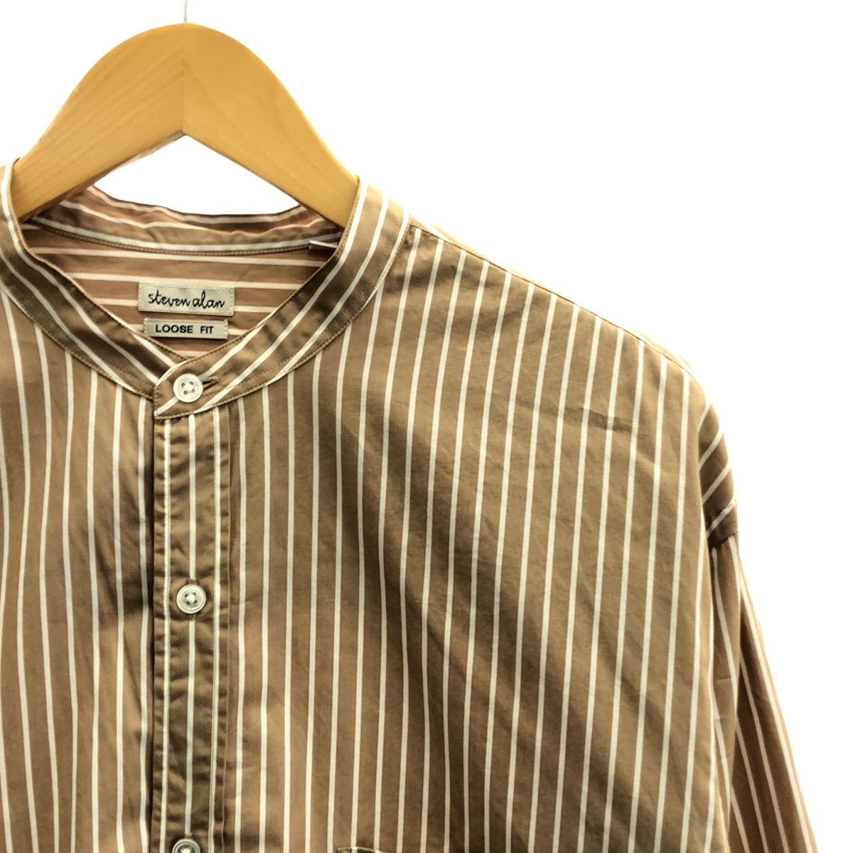 steven alan / スティーブンアラン | LOOSE FIT バンドカラー コットン ストライプ シャツ | L | ブラウン / ホワイト | メンズ