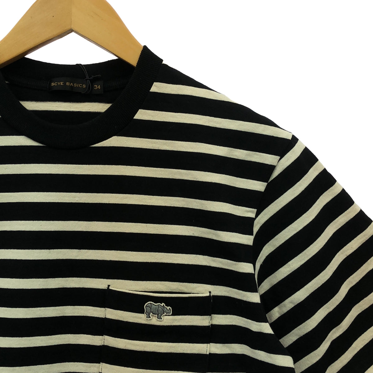 【美品】  scye basics / サイベーシックス | Striped Cotton Jersey T-Shirt  / ワッペン ポケット Tシャツ | 34 | ブラック/オフホワイト | メンズ