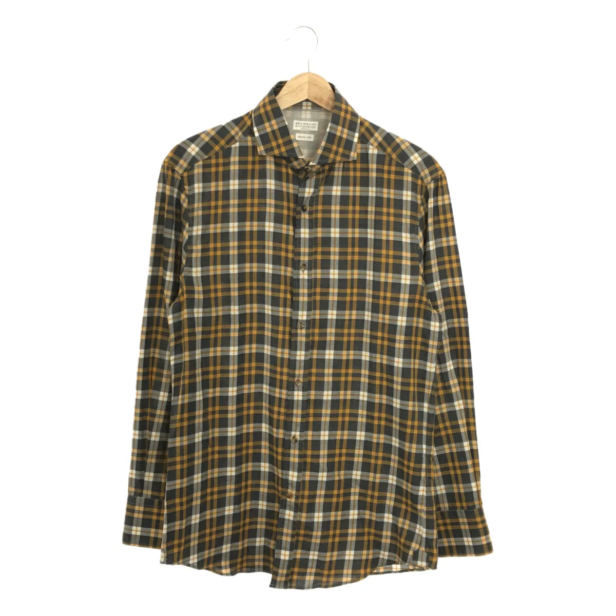【美品】  BRUNELLO CUCINELLI / ブルネロクチネリ | コットン チェック ワイドカラーシャツ | S | イエロー/グレー | メンズ
