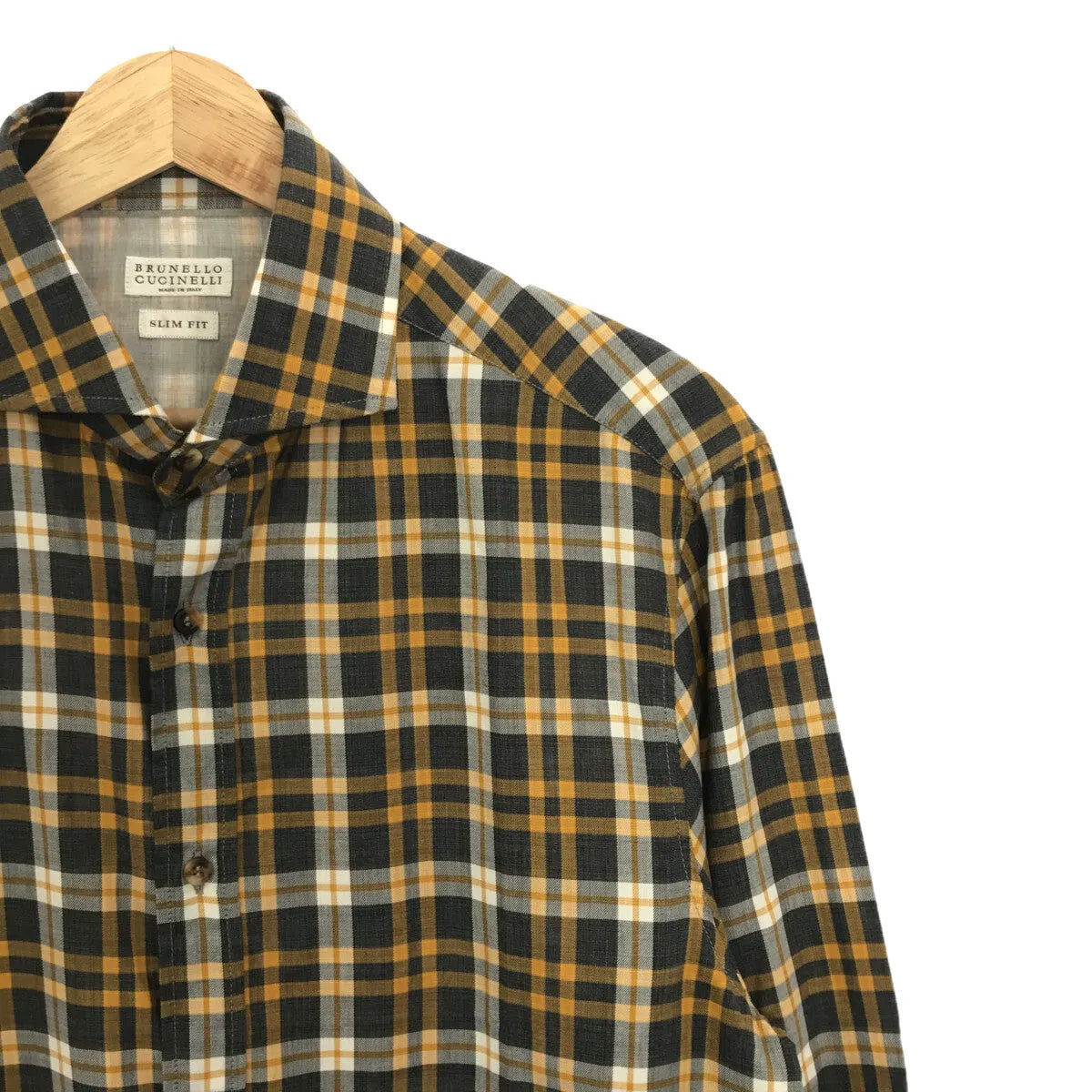 【美品】  BRUNELLO CUCINELLI / ブルネロクチネリ | コットン チェック ワイドカラーシャツ | S | イエロー/グレー | メンズ