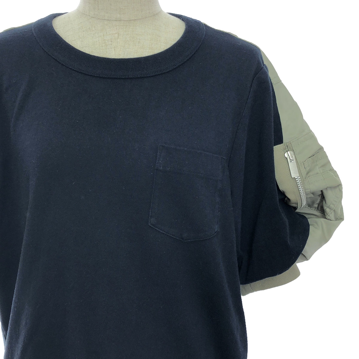 sacai | Mixed material docking military volume sleeve blouse cut and sew | 2 | Khaki/Navy | Women's