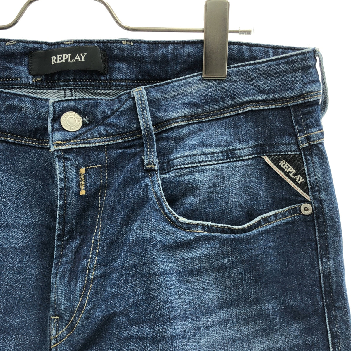 【美品】  REPLAY / リプレイ | ロゴレザーパッチ デニムパンツ | 32 | インディゴ | メンズ