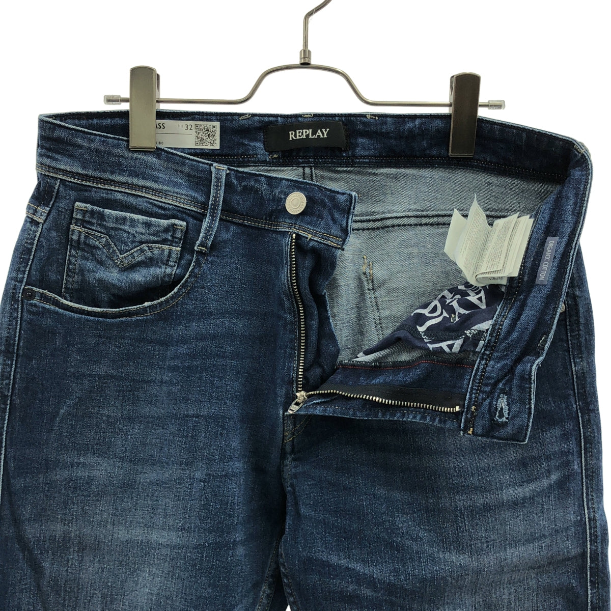 【美品】  REPLAY / リプレイ | ロゴレザーパッチ デニムパンツ | 32 | インディゴ | メンズ