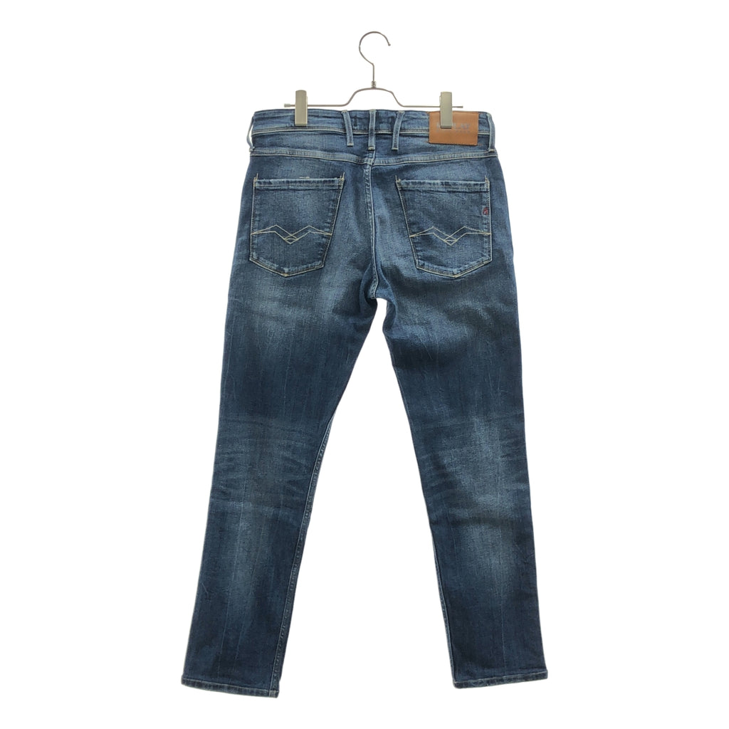 【미품】 REPLAY / 리플레이 | 로고 가죽 패치 데님 팬츠 | 32 | 인디고 | 남성