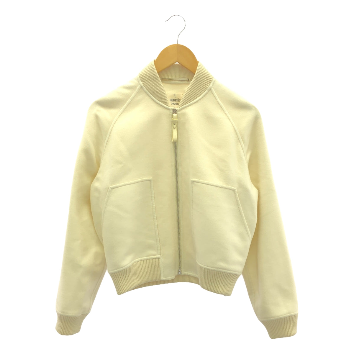 【미품】 HERMES / 헤르메스 | 2024AW | cashmere 100 % / 캐시미어 가죽 Zip 리브 블루존 재킷 | 36 | 오프 화이트 | 여성