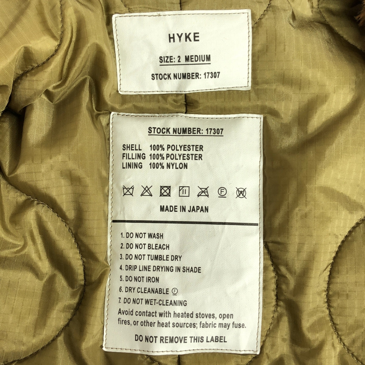 【미품】 HYKE / 하이크 | 2021AW | FAUX SHEARING MEDICAL COAT / 메디컬 퍼 오버코트 / 퀼팅 총 안감 | 02 | CAMEL | 여성