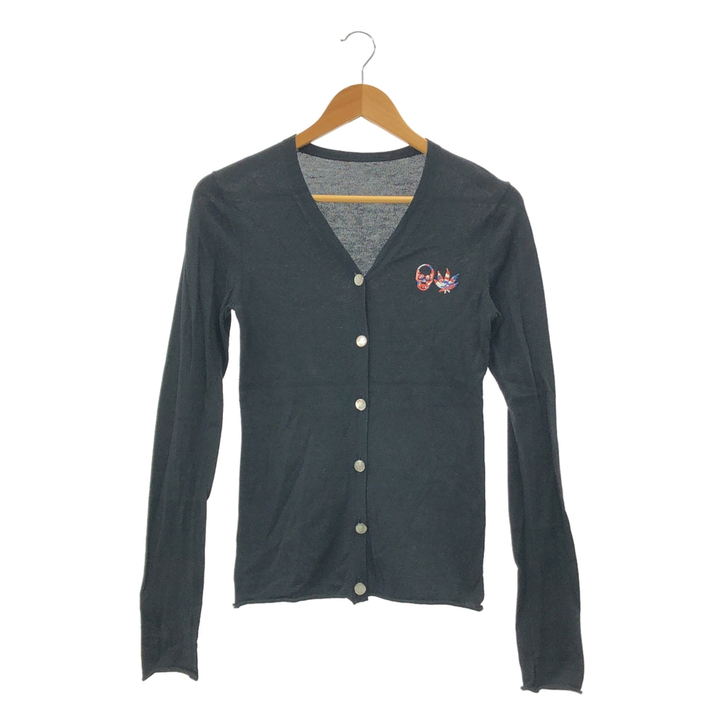 lucien pellat-finet / ルシアンペラフィネ | コットン カシミヤ ワンポイント刺しゅう Vネック ニットカーディガン | S | ブラック | レディース