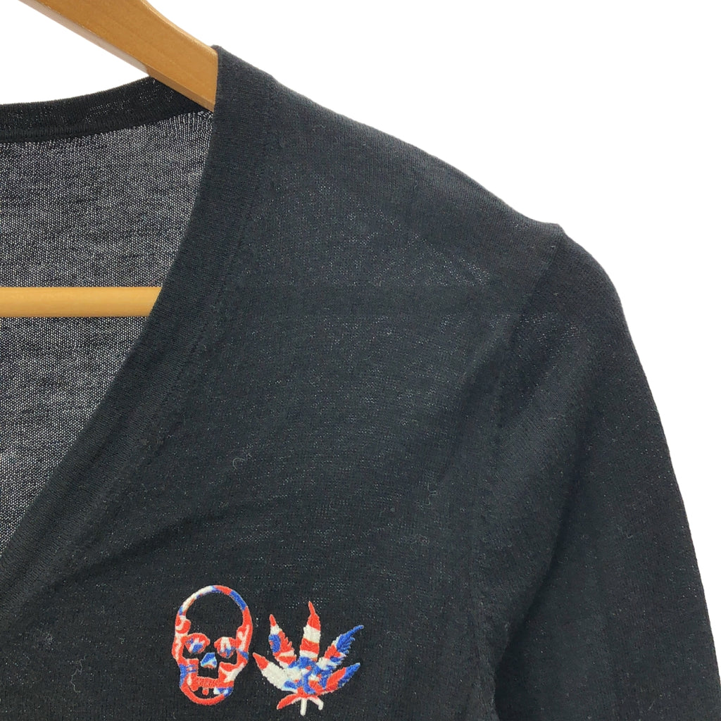 lucien pellat-finet / ルシアンペラフィネ | コットン カシミヤ ワンポイント刺しゅう Vネック ニットカーディガン | S | ブラック | レディース