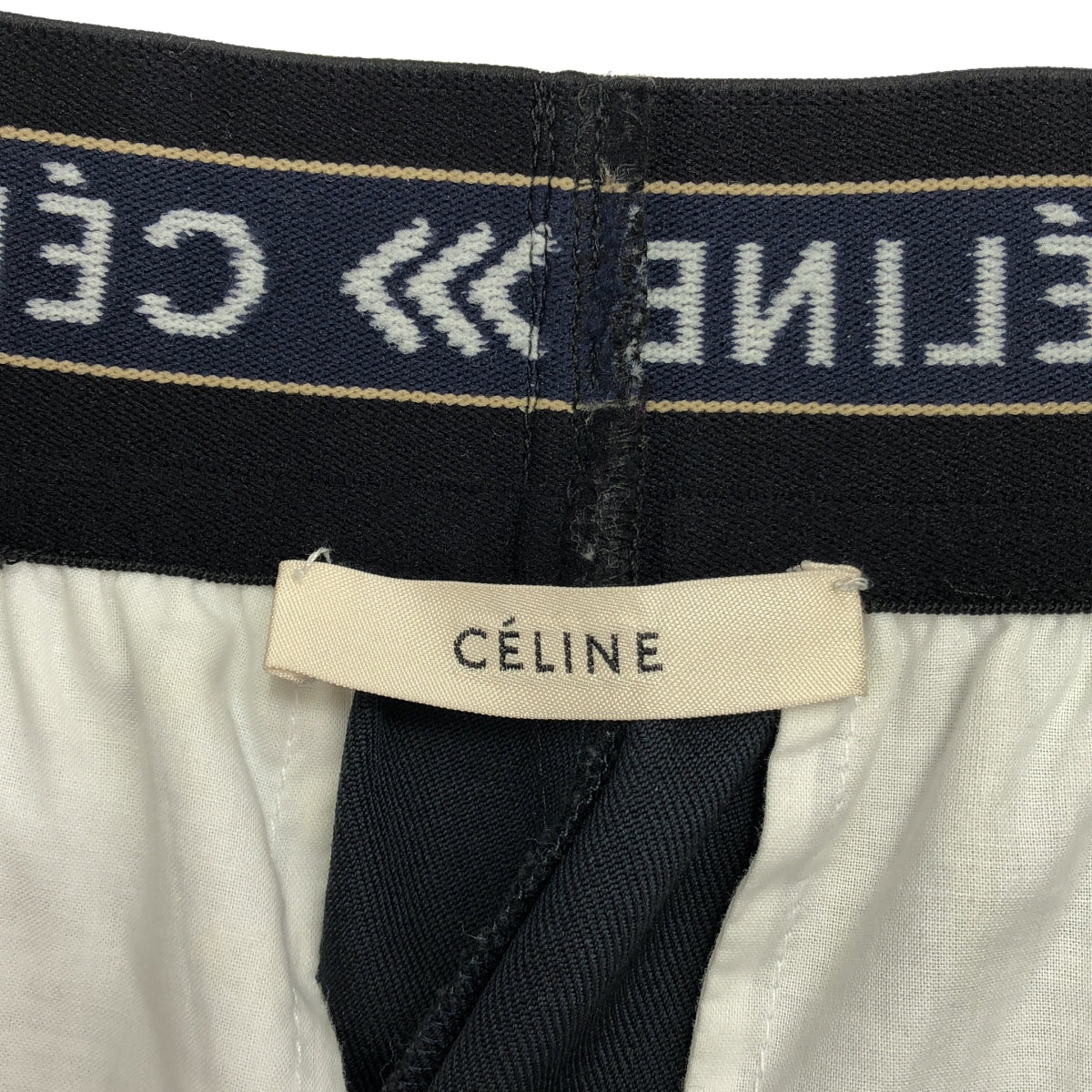 CELINE / セリーヌ | フィービー期 ウエストロゴ ワイドスラックス パンツ | 38 | ネイビー | レディース