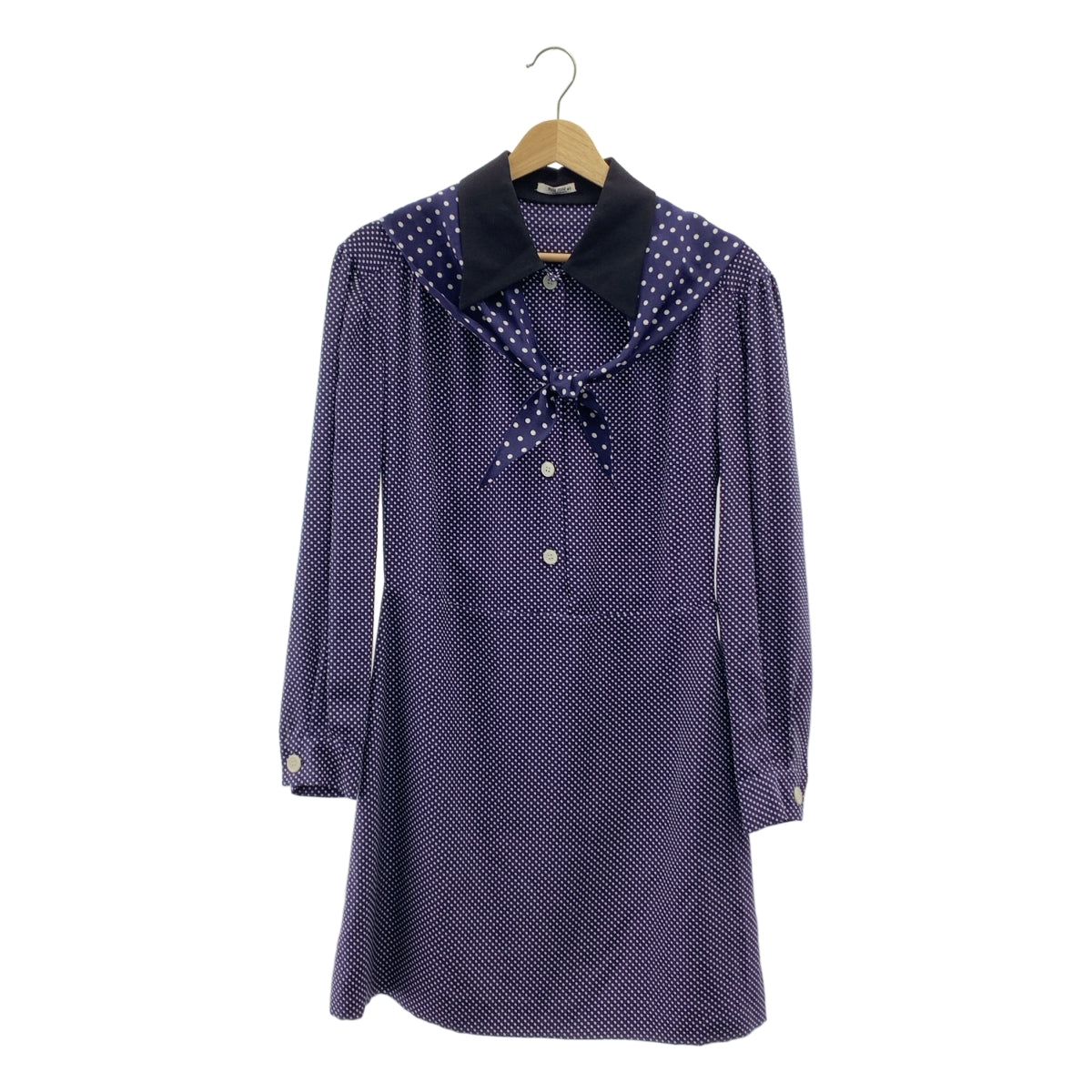 【美品】  miu miu / ミュウミュウ | シルク切替 ドット スカーフカラー ギャザー シャツ ワンピース | 40 | ネイビー/ホワイト | レディース