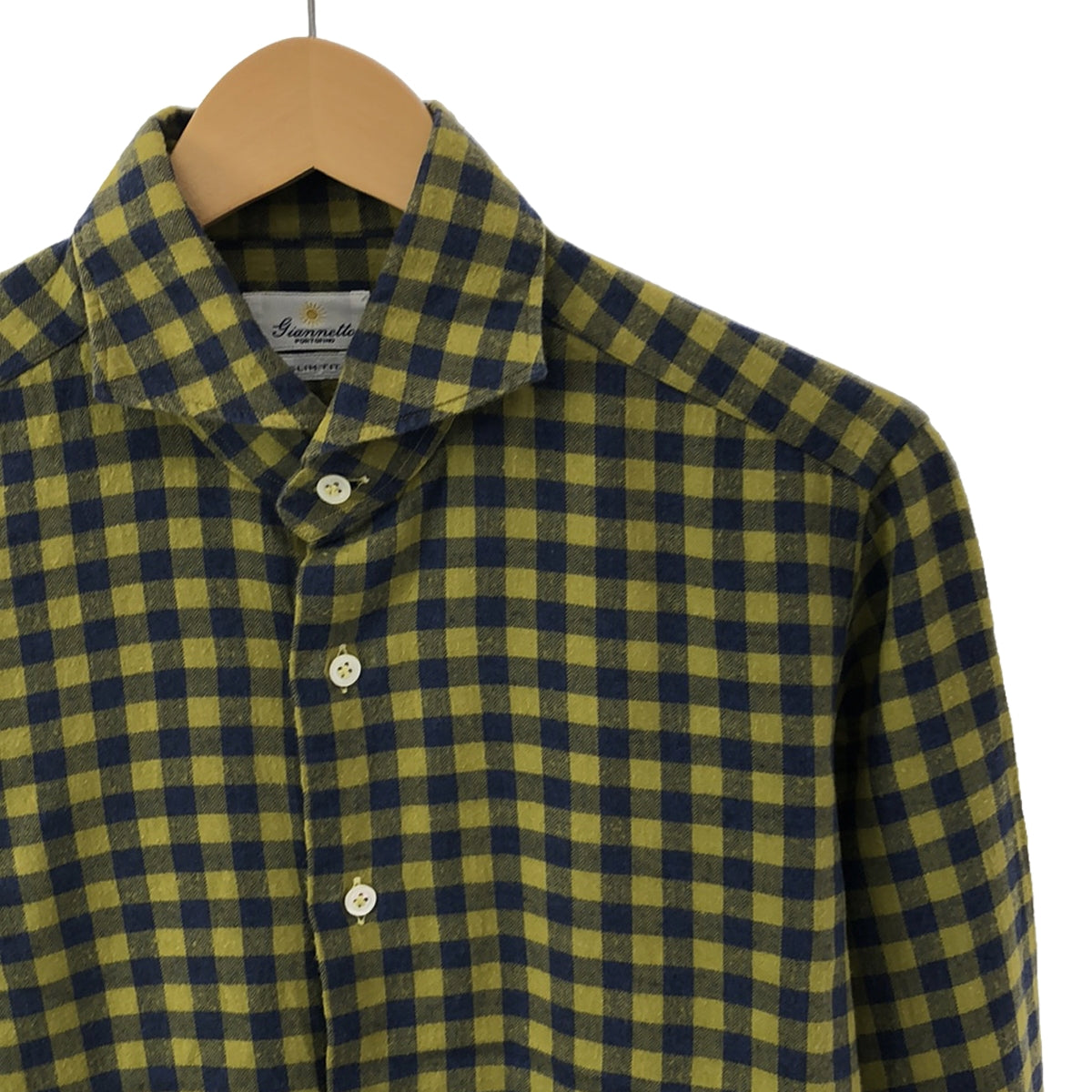 Giannetto | SLIM FIT Gingham Check Horizontal Collar Shirt | 15 3/4 / 40 | Yellow / Blue | Men's