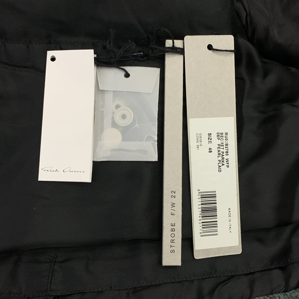 Rick Owens | 2022 秋冬系列 | Secret Parka 格紋連帽派克大衣 | 46 碼 | 淺藍/灰/黑 | 男款