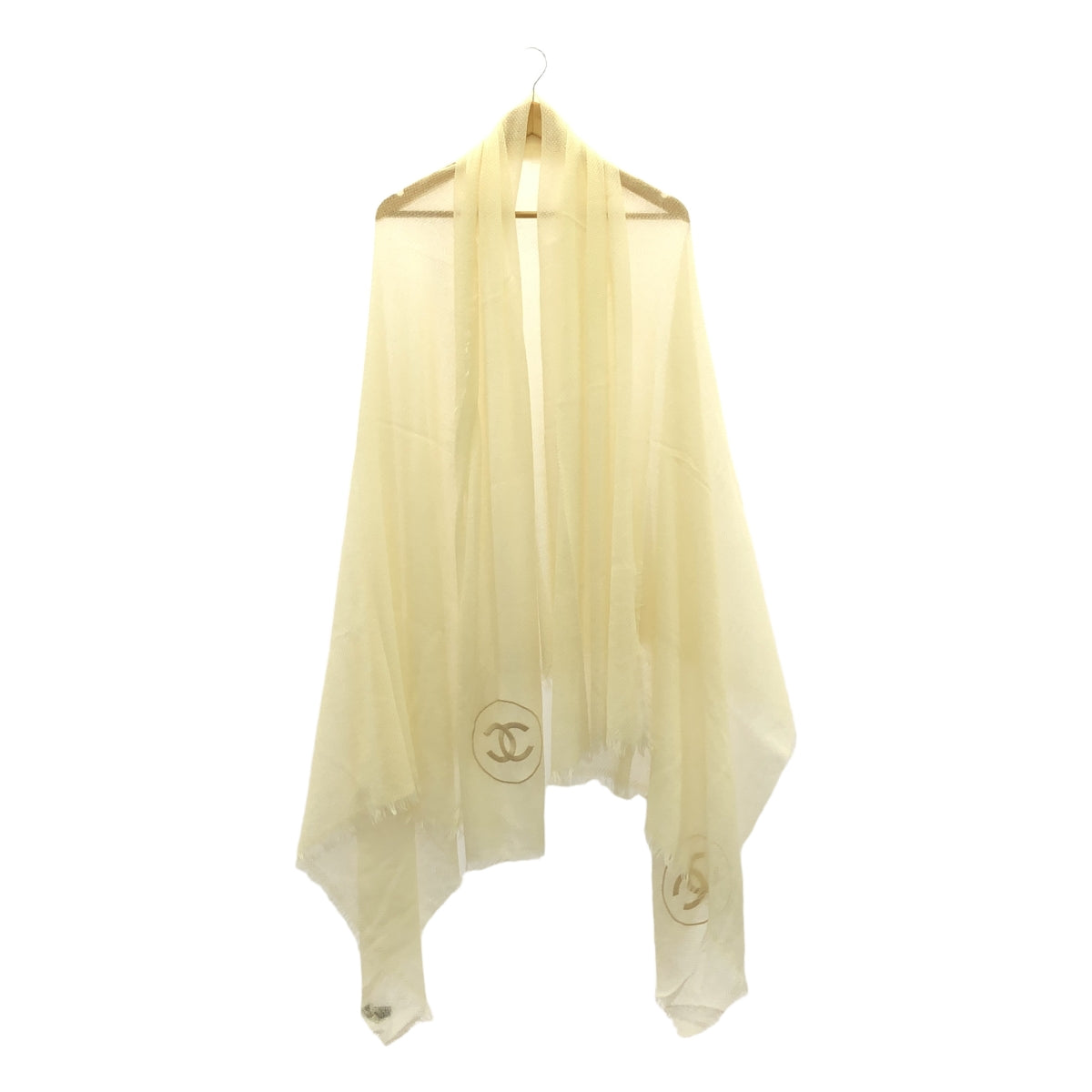 【美品】  CHANEL / シャネル | cashmere 100％ / カシミヤ ココマーク フリンジ 大判 ストール マフラー | エクリュ | レディース