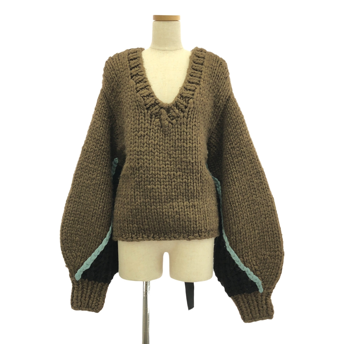 LEINWANDE / ラインヴァンド | Nuts Over Knit / ウール アジャスター ボリュームスリーブ ニット セーター | F | ブラウン/ブラック/ブルー | レディース