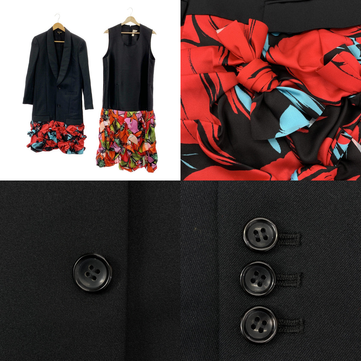 【美品】  COMME des GARCONS / コムデギャルソン | 2022AW | ポリエステル 変形 リボン フリル 装飾 ロングジャケット コート / 総裏地 | S | ブラック/マルチカラー | レディース