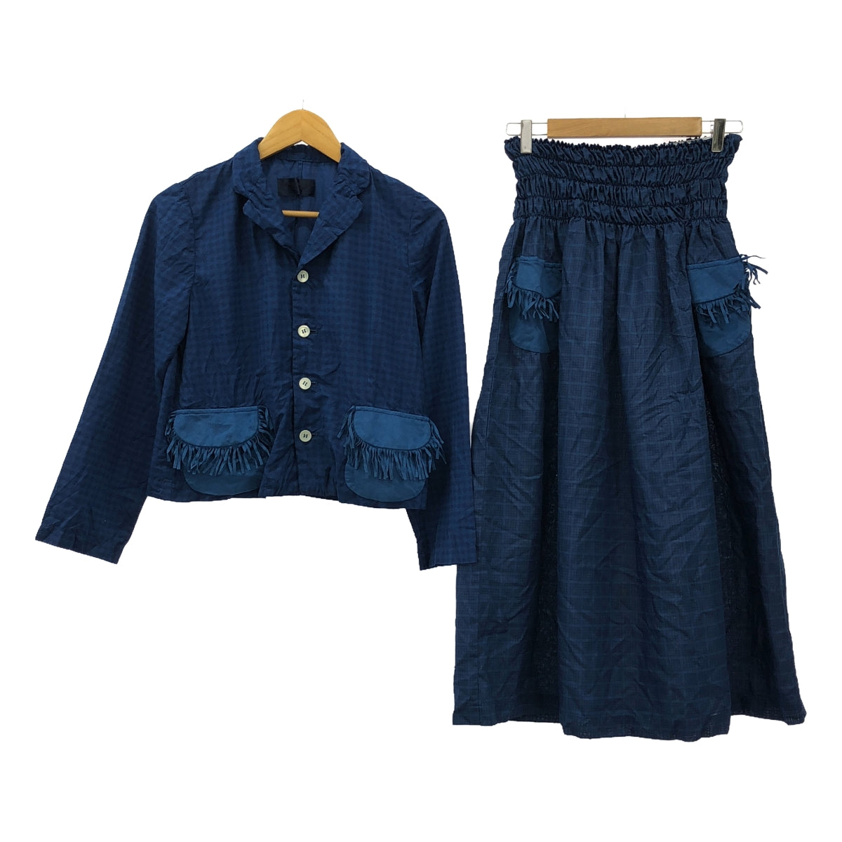 robe de chambre COMME des GARCONS / ローブドシャンブルコムデギャルソン | 90s～ / AD1999 | セットアップ ポリエステル 製品染め 総柄 フリンジポケット ジャケット / ウエストゴム スカート | ブルー | レディース