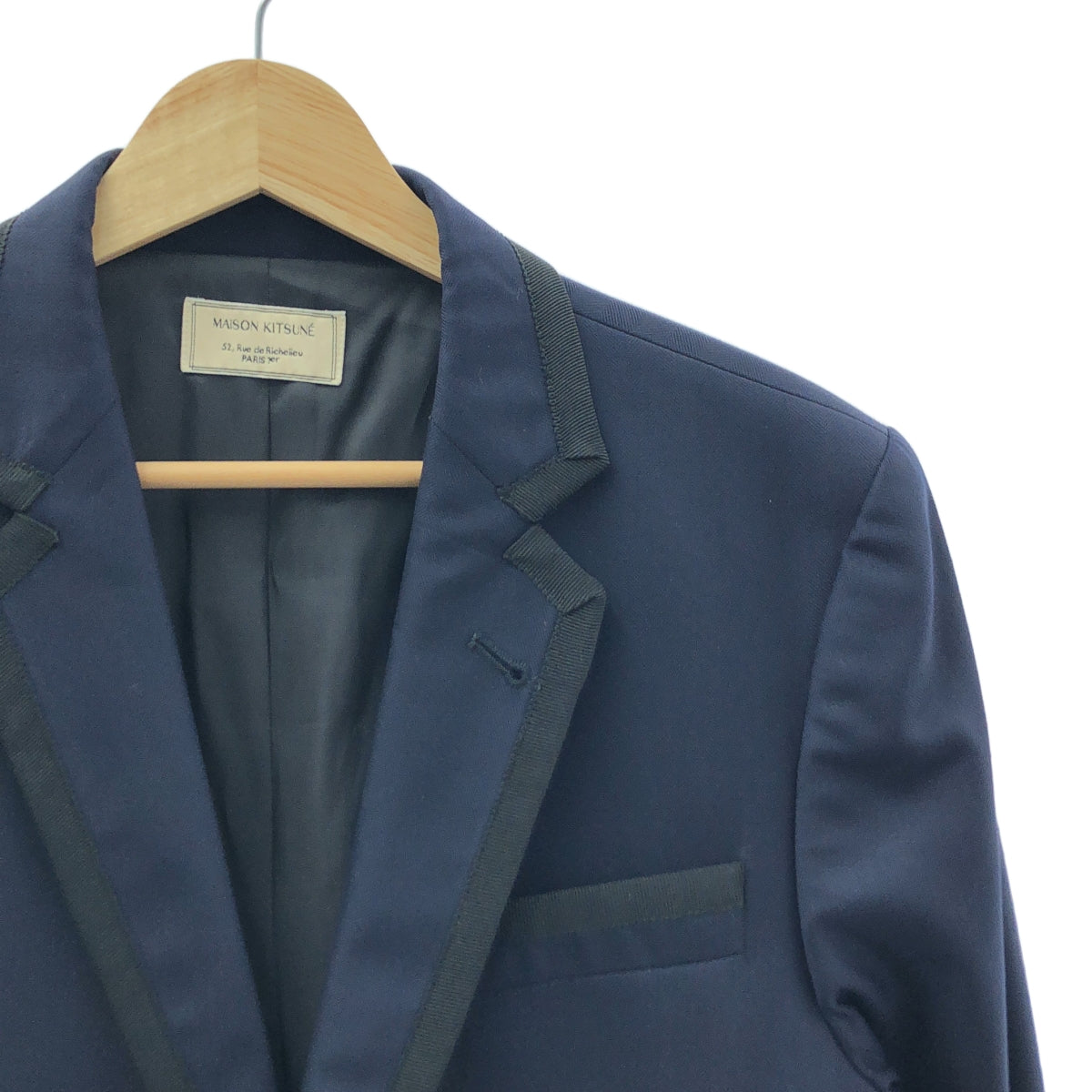 【美品】  MAISON KITSUNE / メゾンキツネ | Vitale Barberis Canonico / ヘリンボーン パイピング 2B テーラードジャケット | 46 | ネイビー/ブラック | メンズ