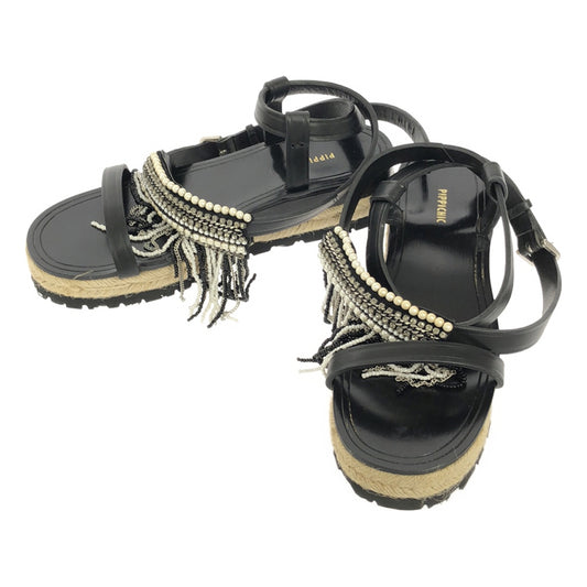 [Beautiful Condition] PIPPICHIC | Isetan Exclusive Fringe Bejeweled Wedge Sole Strap Sandals | 37 1/2 | Black | Women's