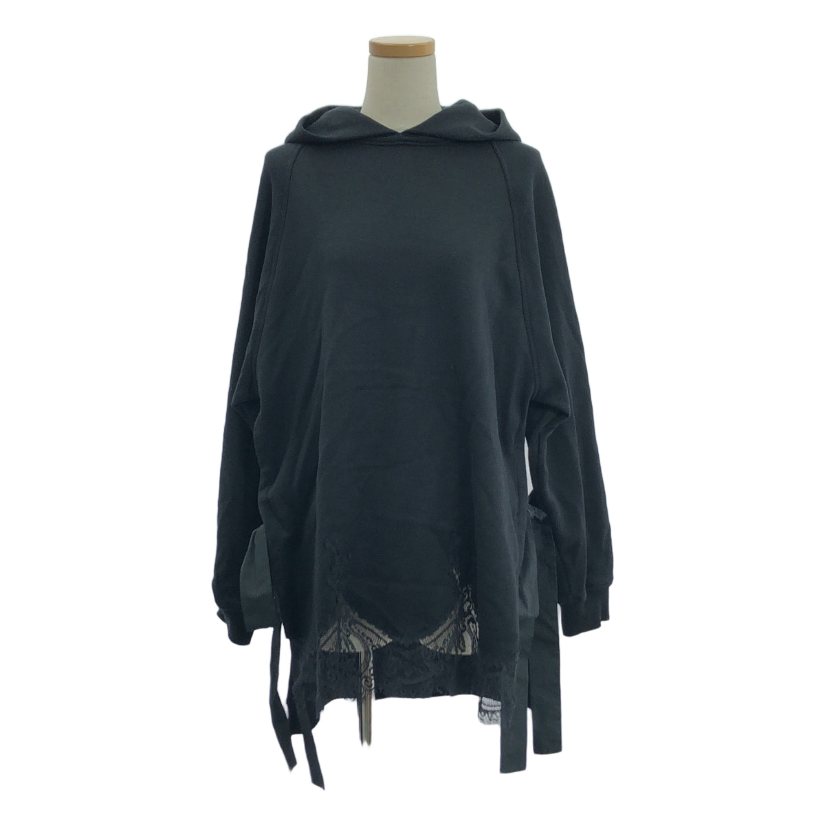 【美品】  VALENTINO / ヴァレンティノ | スリット リボン レースパッチ スウェット ワンピース フーディ | XS | ブラック | レディース