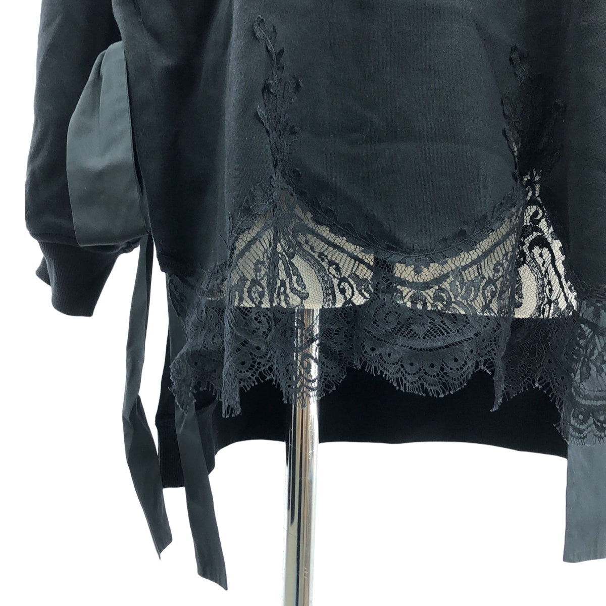 【美品】  VALENTINO / ヴァレンティノ | スリット リボン レースパッチ スウェット ワンピース フーディ | XS | ブラック | レディース