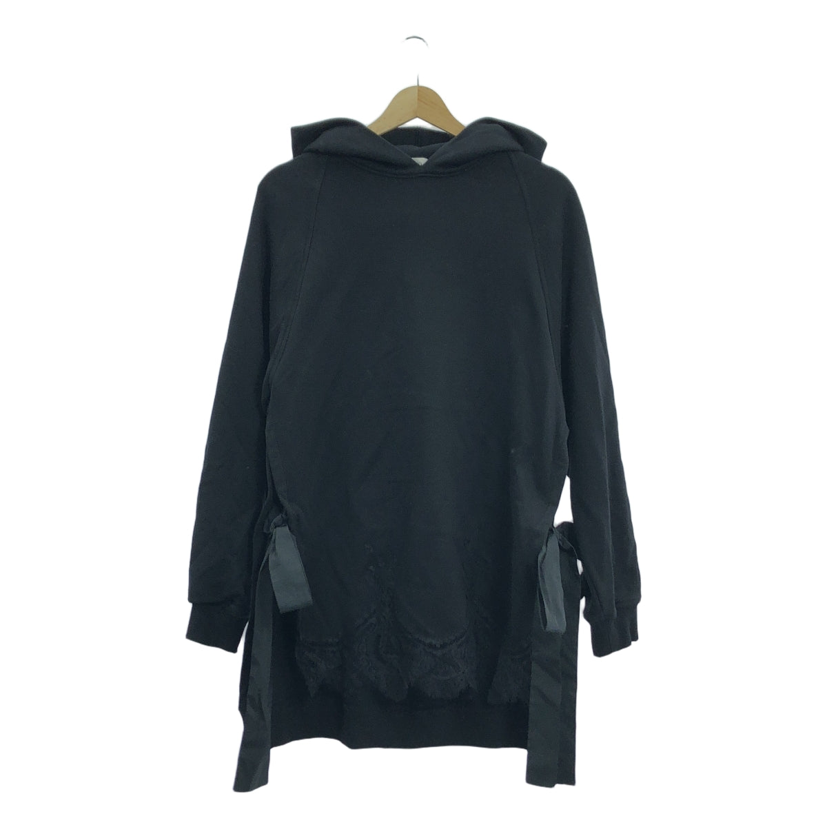 【美品】  VALENTINO / ヴァレンティノ | スリット リボン レースパッチ スウェット ワンピース フーディ | XS | ブラック | レディース