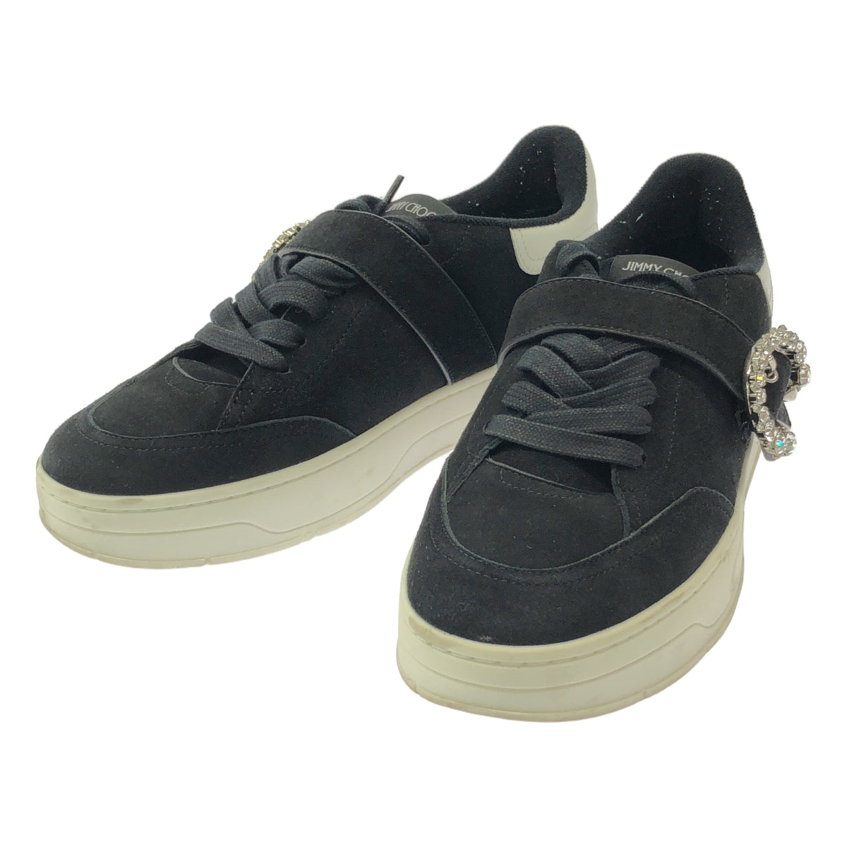 JIMMY CHOO / 지미추 | OSAKA LACE UP XYT VCY / 스웨이드 가죽 비쥬 장식 스니커즈 | 38 | 블랙 | 여성