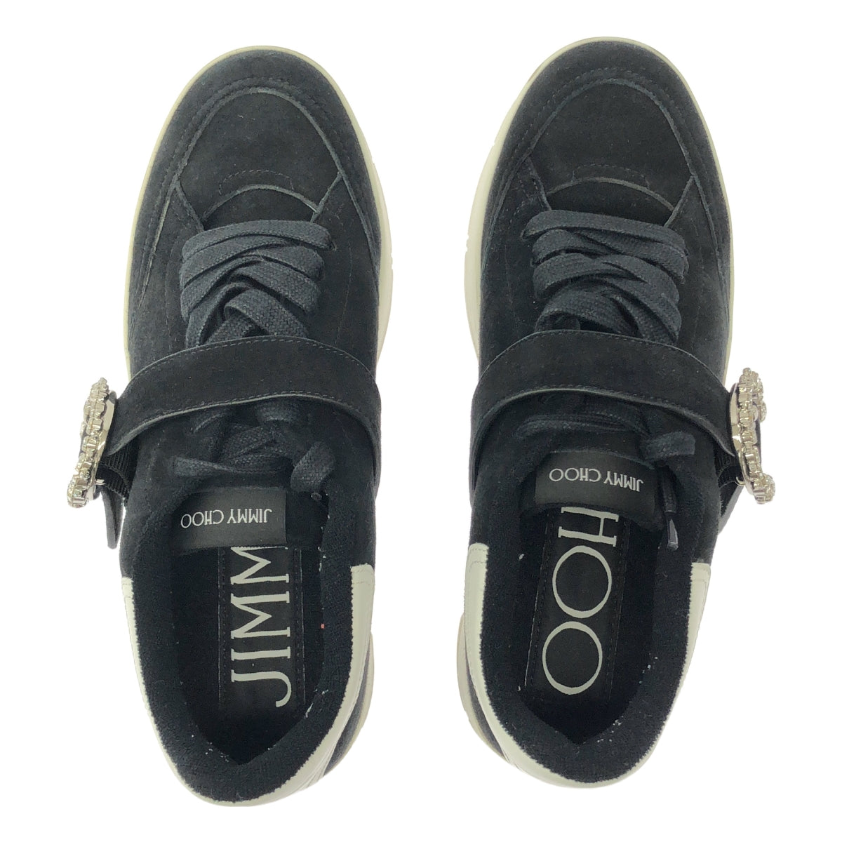 JIMMY CHOO / 지미추 | OSAKA LACE UP XYT VCY / 스웨이드 가죽 비쥬 장식 스니커즈 | 38 | 블랙 | 여성
