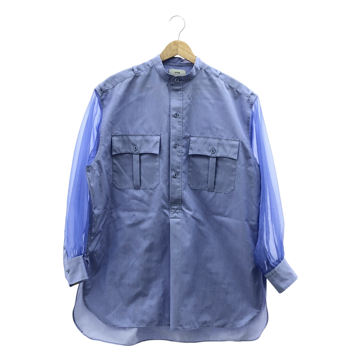 HYKE | 2021SS | 羅緞襯衫 透明袖立領棉質襯衫 | 1 | 藍色 | 女款