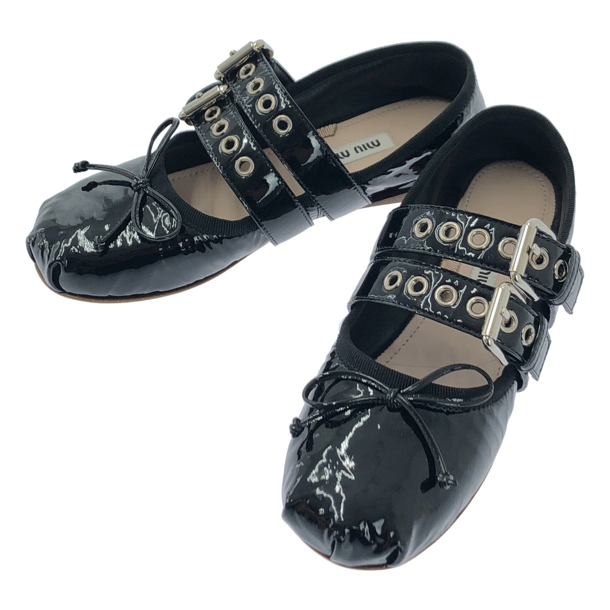 【美品】  miu miu / ミュウミュウ | パテントレザー リボン ダブルストラップ バレエシューズ | 34 1/2 | ブラック | レディース