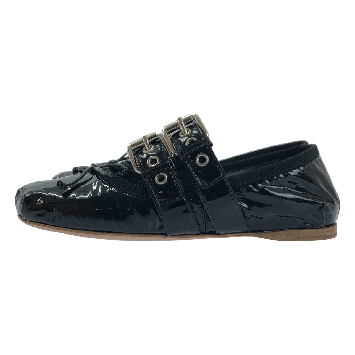 【美品】  miu miu / ミュウミュウ | パテントレザー リボン ダブルストラップ バレエシューズ | 34 1/2 | ブラック | レディース