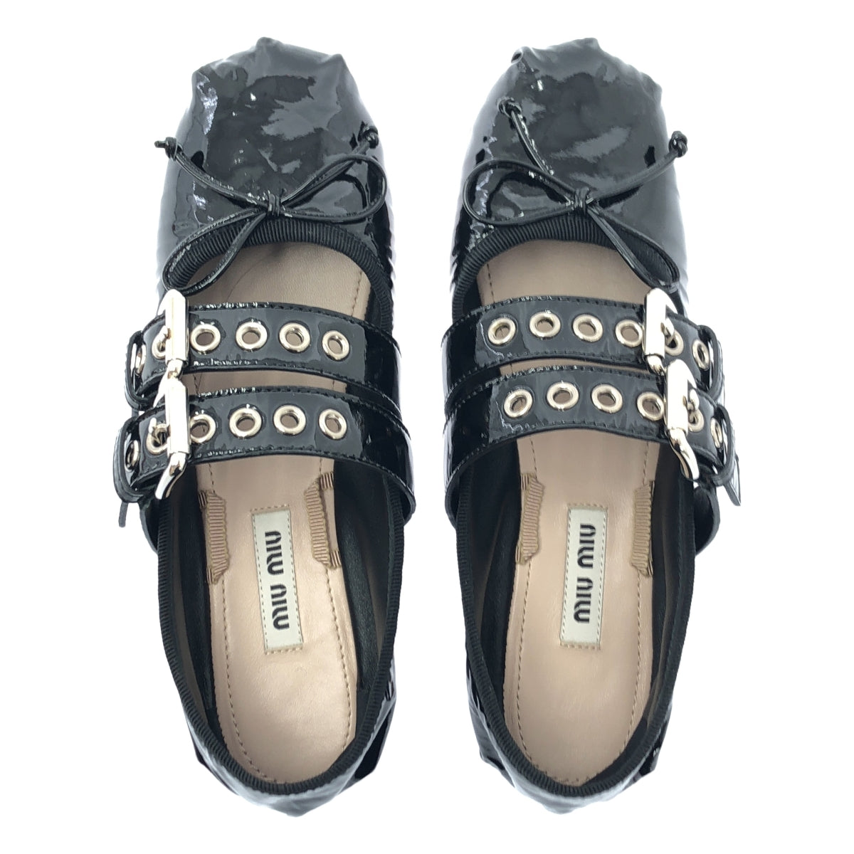 【美品】  miu miu / ミュウミュウ | パテントレザー リボン ダブルストラップ バレエシューズ | 34 1/2 | ブラック | レディース