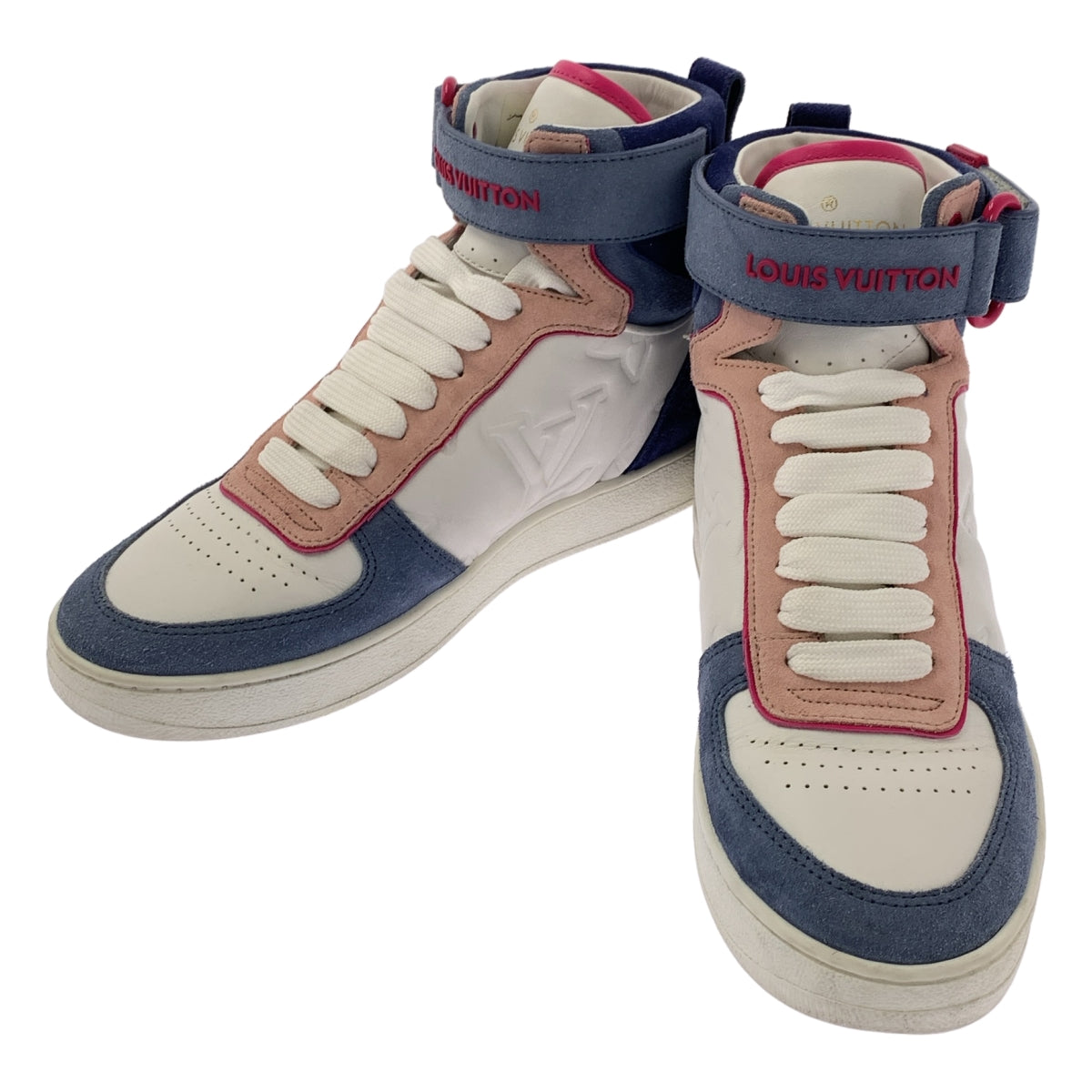 [狀況極佳] 路易威登 | Boombox Line LV Logo 皮革高筒運動鞋 | 尺寸 34 1/2 | 白色/藍色/粉紅色 | 女款