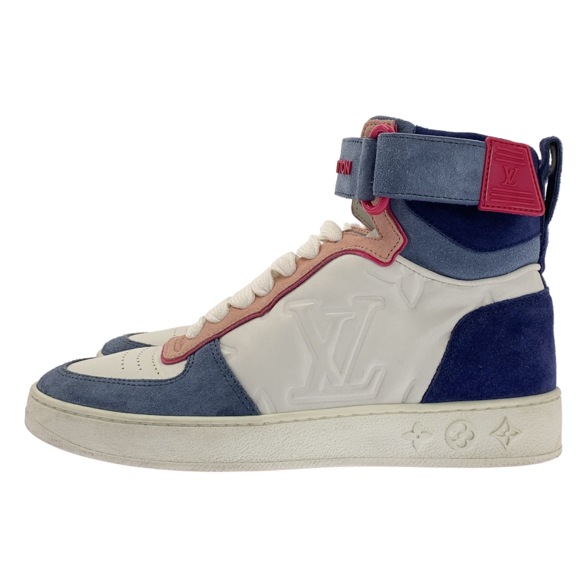 [狀況極佳] 路易威登 | Boombox Line LV Logo 皮革高筒運動鞋 | 尺寸 34 1/2 | 白色/藍色/粉紅色 | 女款