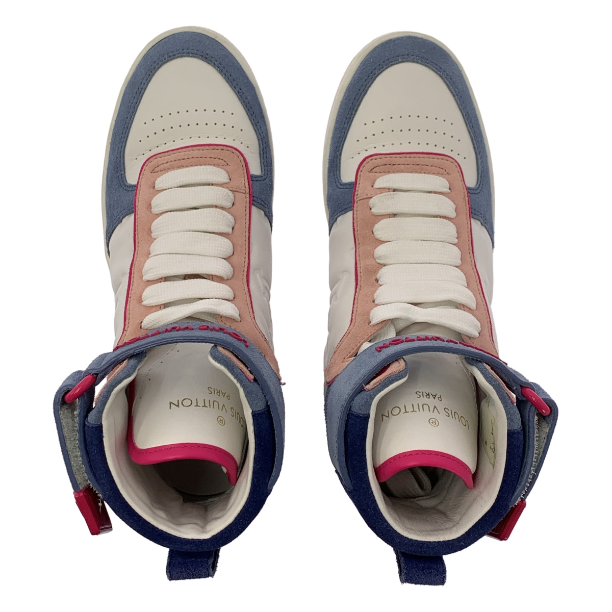 [狀況極佳] 路易威登 | Boombox Line LV Logo 皮革高筒運動鞋 | 尺寸 34 1/2 | 白色/藍色/粉紅色 | 女款