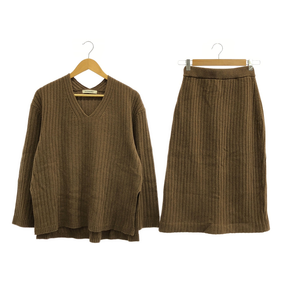 OUTERSUNSET | Ribbed V-neck knit set / Ribbed slit skirt | F | Brown | Women's