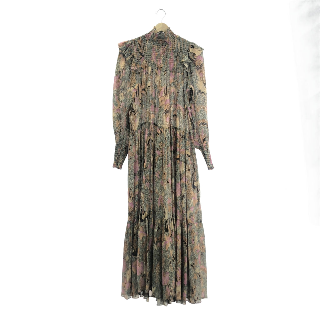 ULLA JOHNSON / ウラジョンソン | 金糸混 コットンシルク 総柄 フリル ワンピース | 2 | マルチカラー | レディース