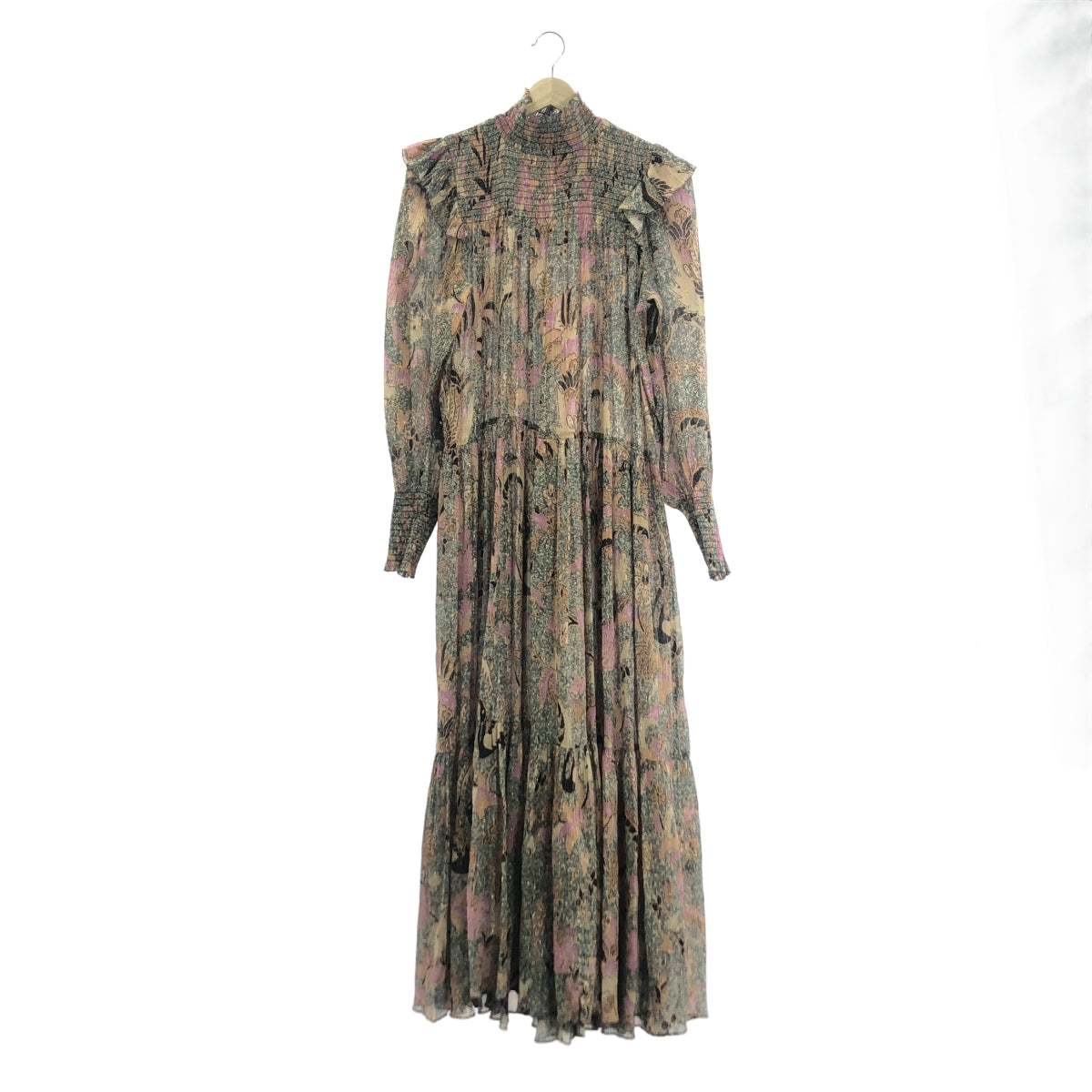 ULLA JOHNSON / ウラジョンソン | 金糸混 コットンシルク 総柄 フリル ワンピース | 2 | マルチカラー | レディース