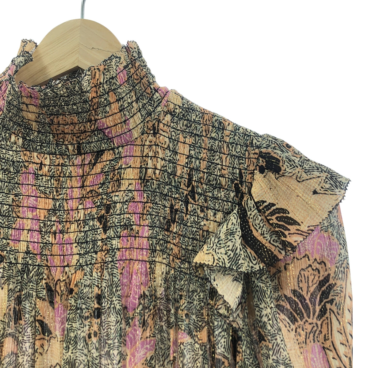 ULLA JOHNSON / ウラジョンソン | 金糸混 コットンシルク 総柄 フリル ワンピース | 2 | マルチカラー | レディース
