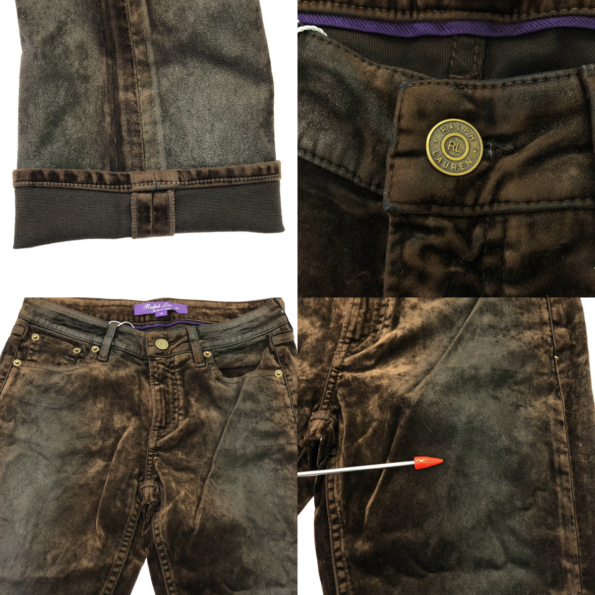 【美品】  RALPH LAUREN PURPLE LABEL / ラルフローレンパープルレーベル | レザーパッチ ベロア スキニー スラックス パンツ | 25 | ダークブラウン系 | レディース