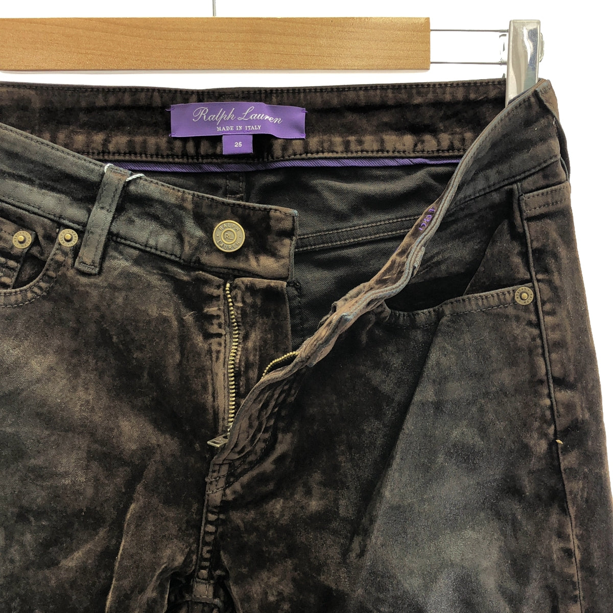 【美品】  RALPH LAUREN PURPLE LABEL / ラルフローレンパープルレーベル | レザーパッチ ベロア スキニー スラックス パンツ | 25 | ダークブラウン系 | レディース