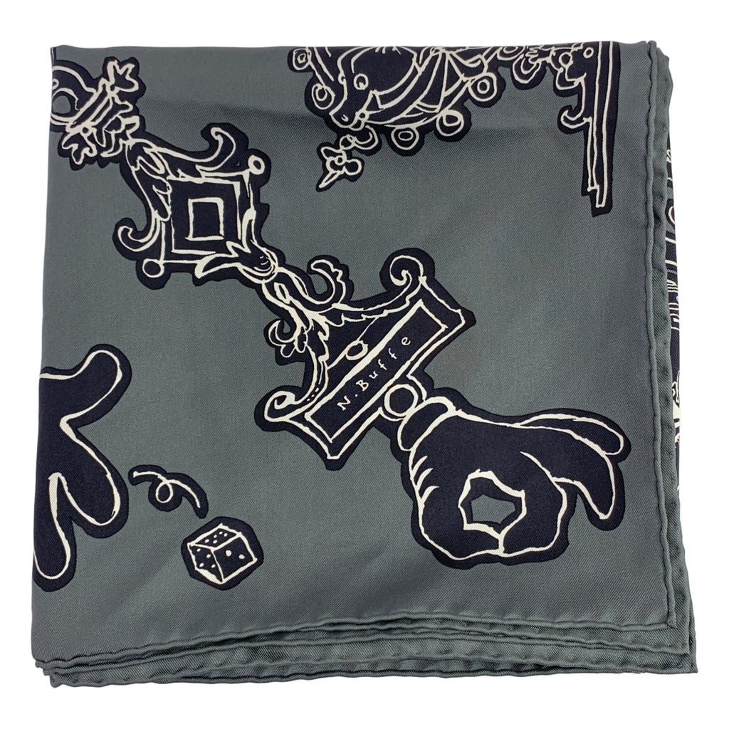 【미품】 HERMES / 헤르메스 | Serio Ludere / 세리오 루데레 silk 100 % / 실크 카레 90 총 무늬 스카프 스톨 | 차콜 그레이