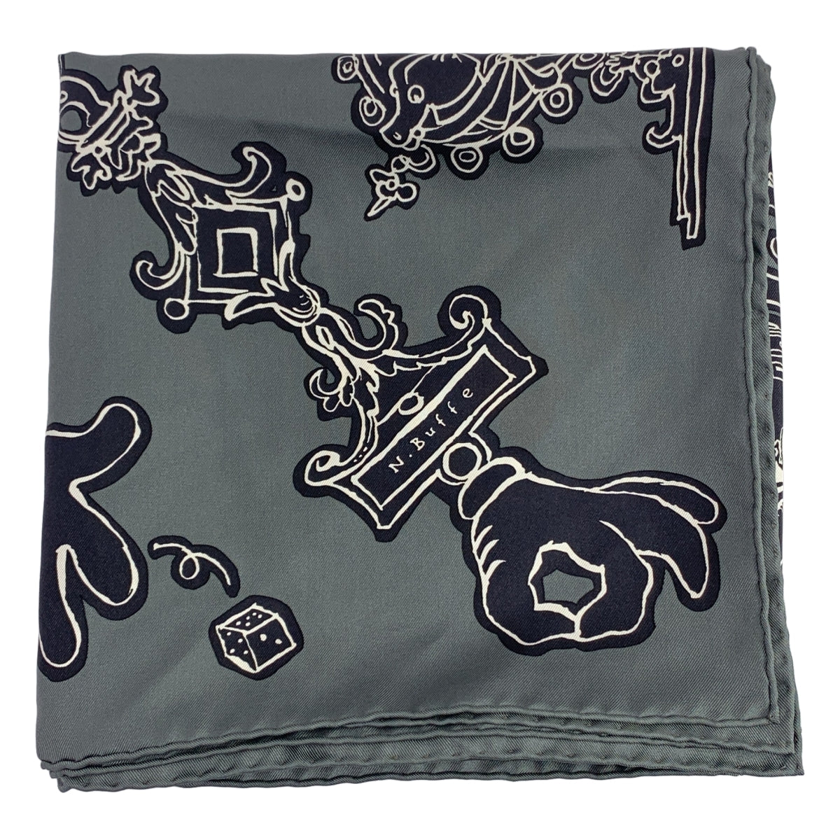 [狀況極佳] 愛馬仕 | Serio Ludere 100% 真絲 Carré 90 全身印花圍巾/披肩 | 炭灰色