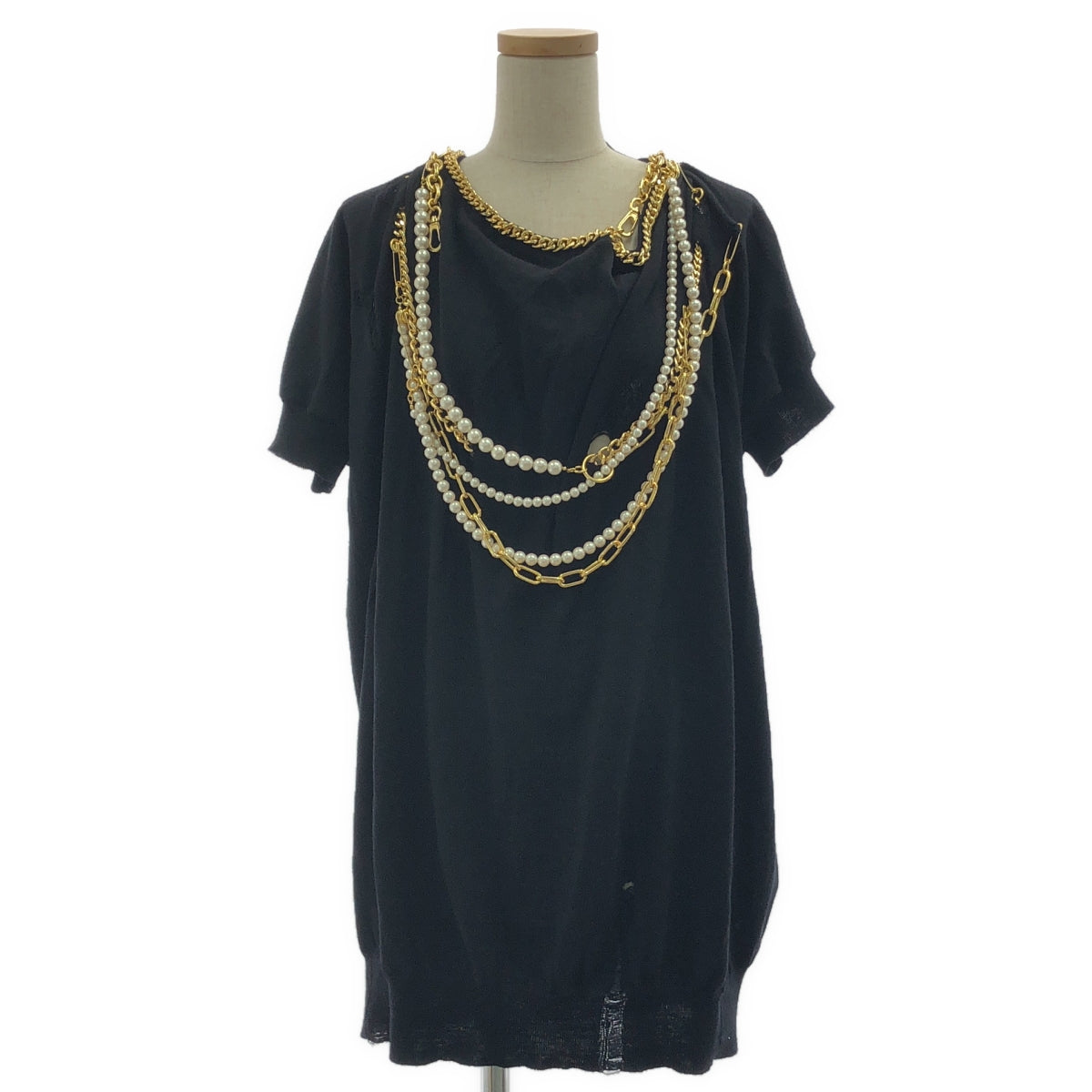 【미품】 JUNYA WATANABE COMME des GARCONS / 준야와타나베 | 2023SS | 진주 체인 장식 디스트로이 니트 스웨터 | S | 블랙 | 여성