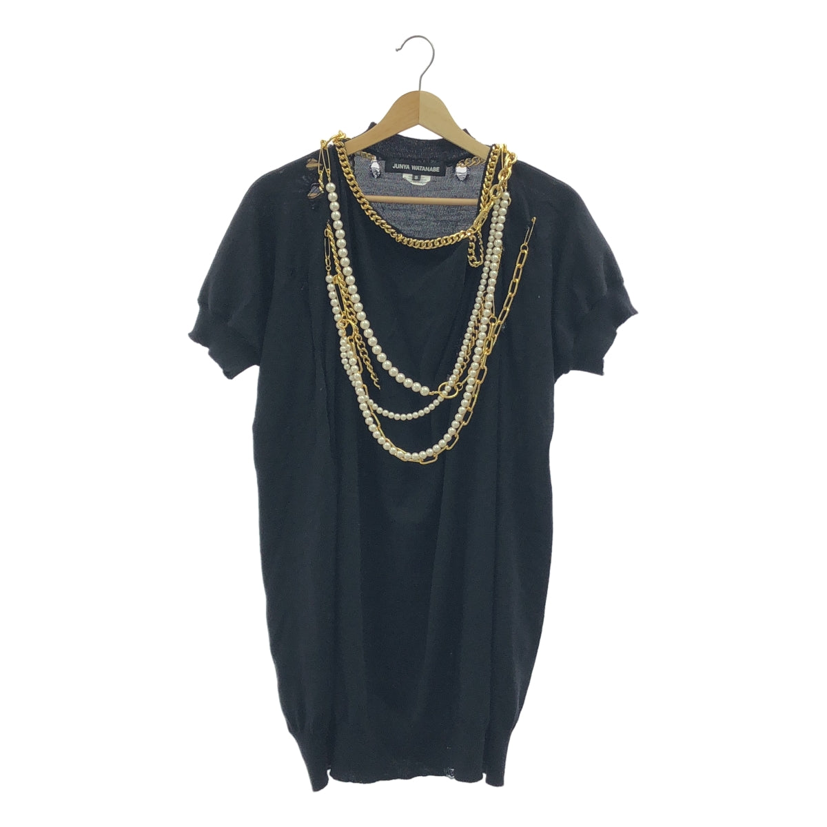 【미품】 JUNYA WATANABE COMME des GARCONS / 준야와타나베 | 2023SS | 진주 체인 장식 디스트로이 니트 스웨터 | S | 블랙 | 여성