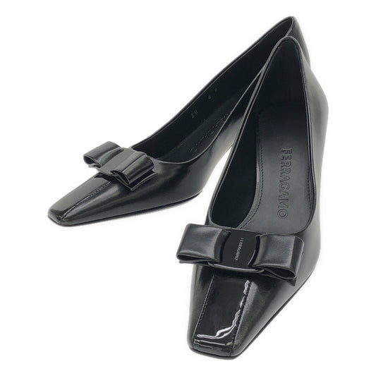 [New] FERRAGAMO | Leather center line ribbon heel pumps | 4 | black | Women's