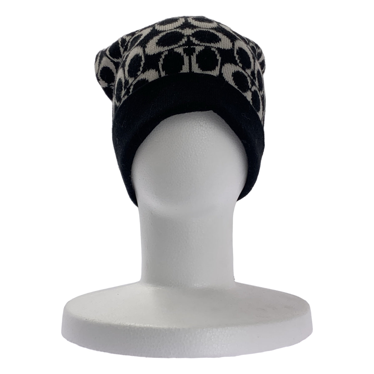 [狀況極佳] COACH 標誌性印花針織帽 | F 碼 | 黑色/白色 | 女款