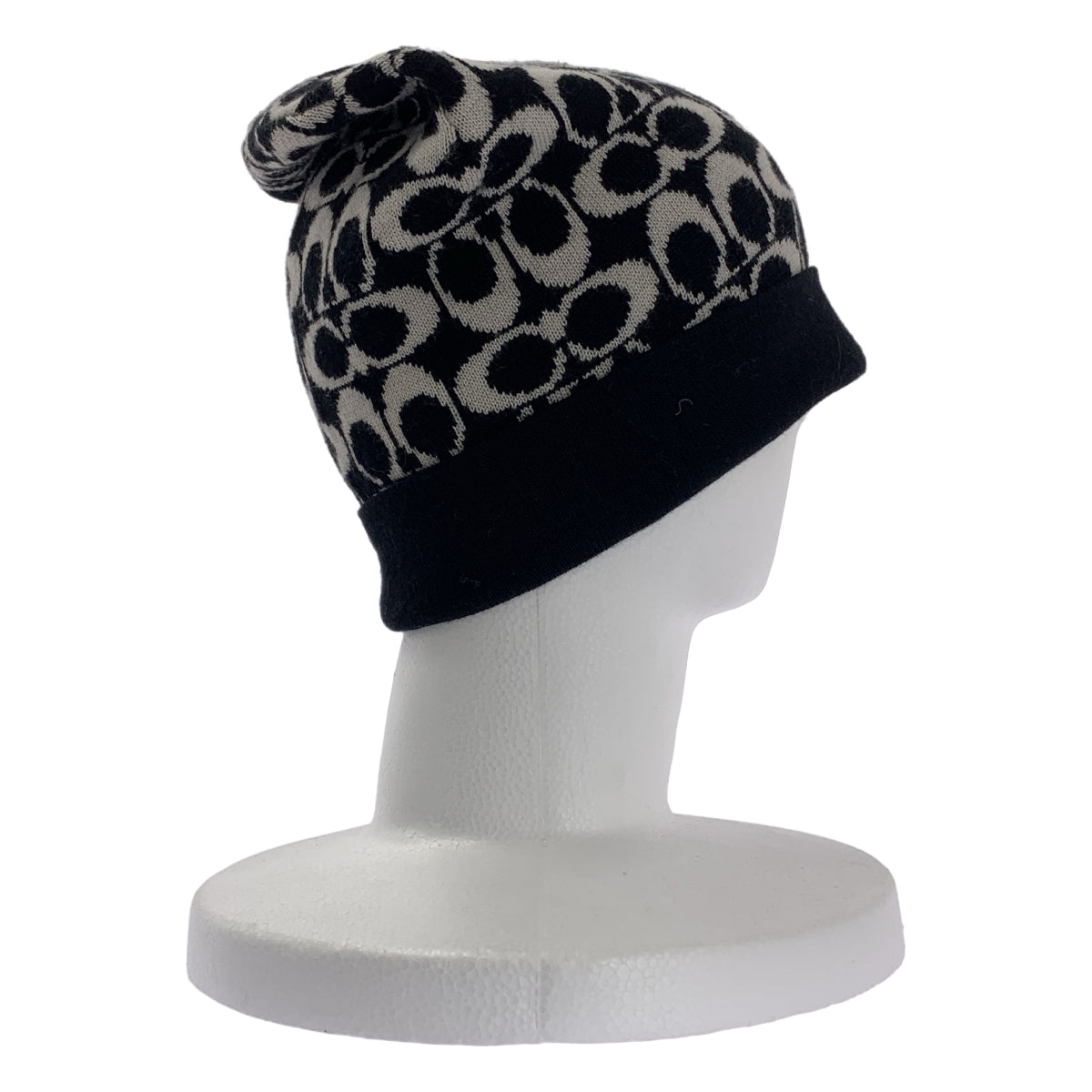 [狀況極佳] COACH 標誌性印花針織帽 | F 碼 | 黑色/白色 | 女款