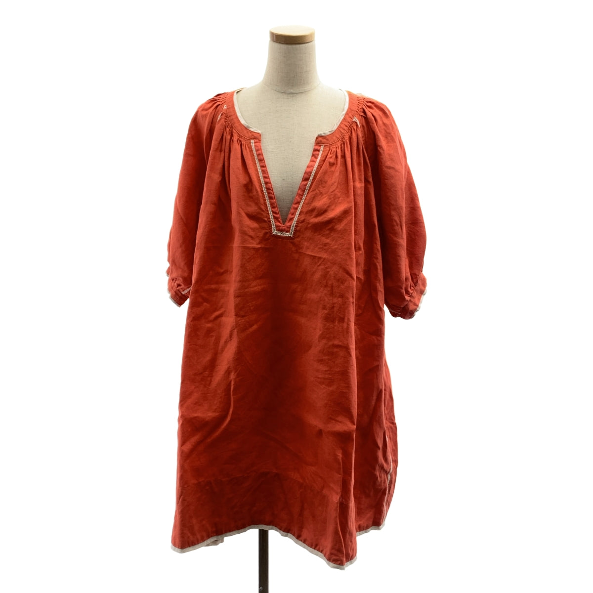 MYLAN | 鎖孔領口蕾絲邊亞麻洋裝 | F 碼 | 橘色 | 女款