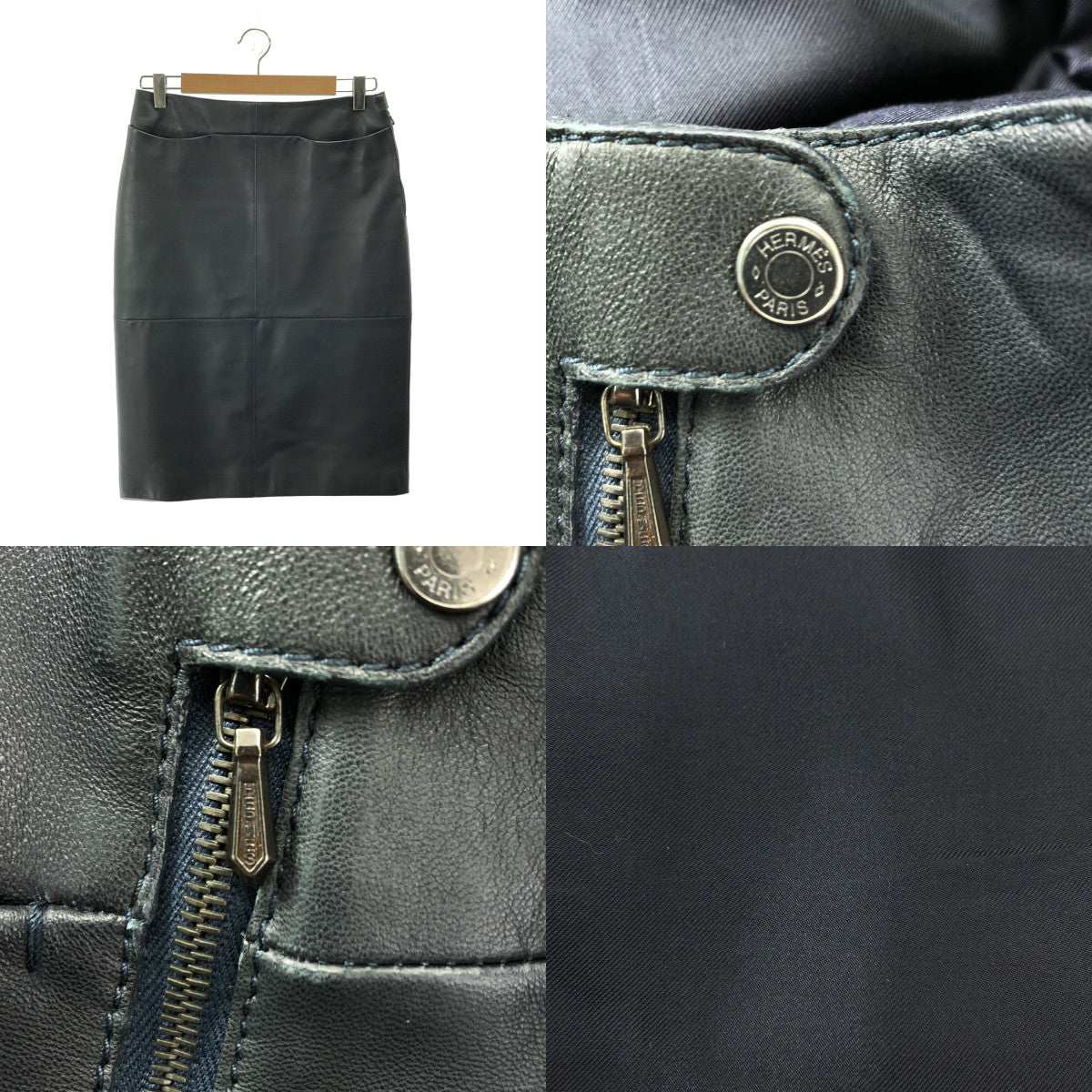 【美品】  HERMES / エルメス |羊革 ラムレザー セリエボタン パッチ バックスリット スカート / 総裏地 | 36 | ダークネイビー | レディース